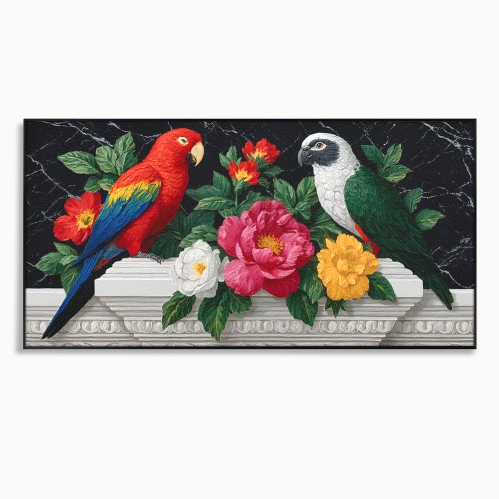 Tablou canvas cu pictura cu papagali si flori, in rama de aluminiu negru